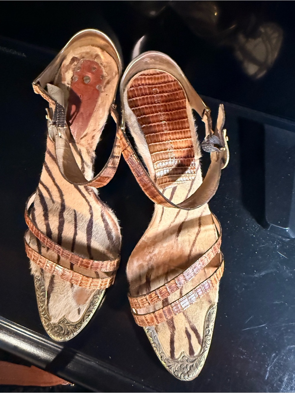 Archival VTG Gianmarco Lorenzi Tiger Calf Hair Western Metal Shield Heels 37
